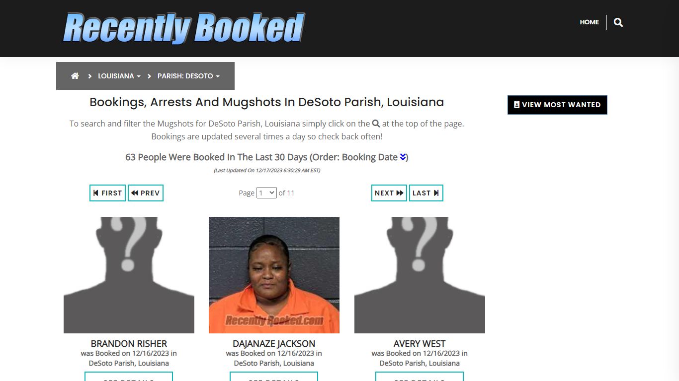Bookings, Arrests and Mugshots in DeSoto Parish, Louisiana